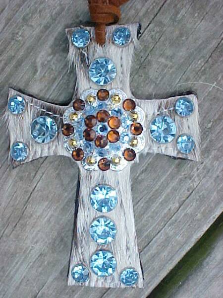 White with Black Specks Saddle Cross with Blue Crystals and a Silver and Gold Berry Concho with Smoke Topaz and Light Sapphire Blue Swarovski Crystals-Bling-