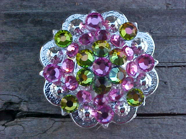 SIlver Berry Concho with Pink and Vitrale Green Crystals