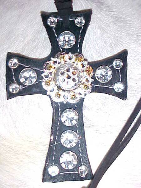 Black Cow Hair On Hide Saddle Cross with Clear Crystals and a Silver and Gold Berry Concho with Clear Swarovski Crystals