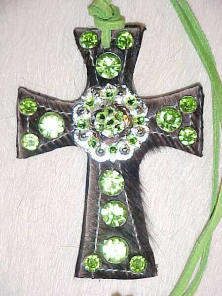 Chocolate and Lime Green Crystal Concho Saddle Cross