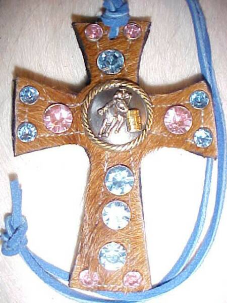 Reddish Brown Saddle Cross with Pink and Blue Crystals and A Silver and Gold Barrel Racer Concho